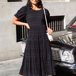 Graceful Black Shirred Cotton Bubble Sleeve Tiered Maxi Dress