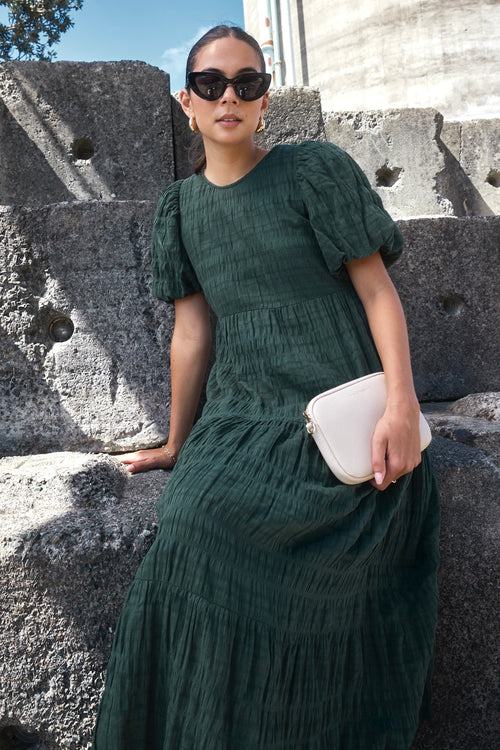 Shop Graceful Forest Bubble Short Sleeve Tiered Maxi Dress | Flo & Fra Shop Graceful Forest Bubble Short Sleeve Tiered Maxi Dress | Flo & Fra