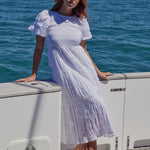 Graceful White Shirred Cotton Bubble Sleeve Tiered Maxi Dress