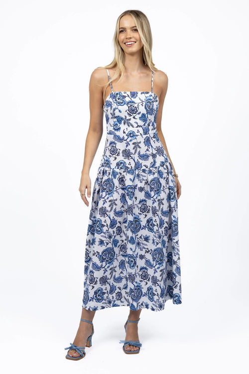 model wearing a blue white floral print maxi dress