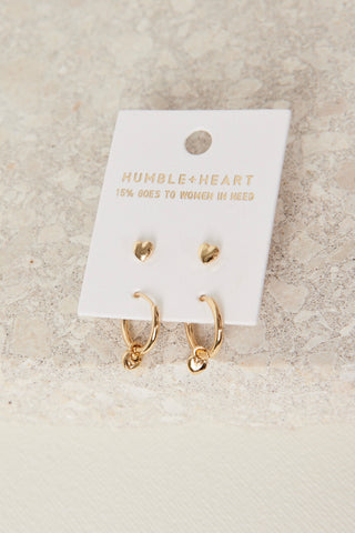 Heart Sleeper Stud Set Gold Earrings