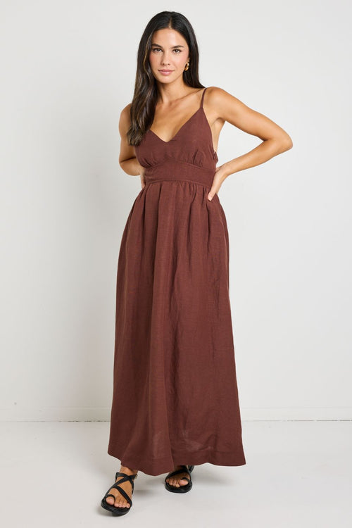 model wears Brown Linen Maxi Dress