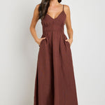 model wears Brown Linen Maxi Dress