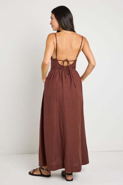 model wears Brown Linen Maxi Dress