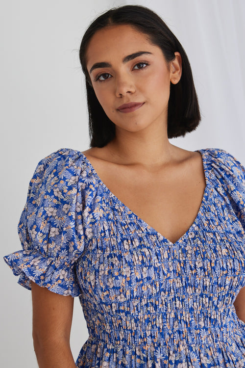 model in blue floral mini dress