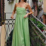 model wears Green Cotton Midi Dress