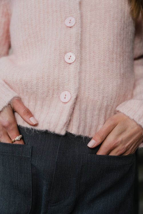 Shop Highlight Blush Mohair Blend Crewneck Cardigan | Flo & Frankie