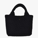 Black woven mini handbag with top handles and textured basket weave design.