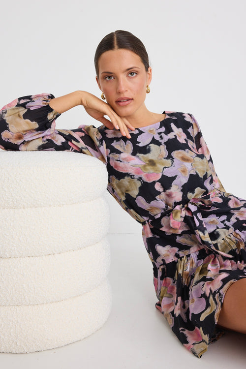 hidden garden balloon sleeve mini dress in floral print hidden garden balloon sleeve mini dress in floral print Shop Host Black Pressed Flower Balloon Sleeve Drop Waist Mini Dress |