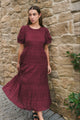 Graceful Burgundy Shirred Cotton Bubble Short Sleeve Tiered Maxi Dress