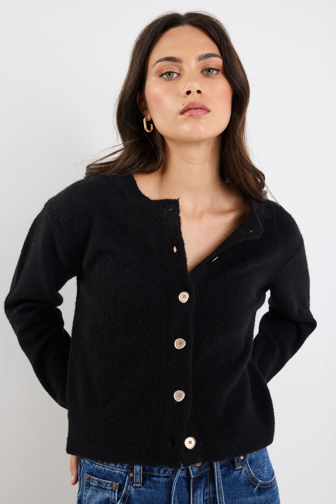 Shop Imprint Black Soft Knit Crewneck Cardigan | Flo & Frankie