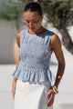 Impulsive Blue Mini Gingham Shirred Sleeveless Top