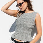 Impulsive Khaki Mini Gingham Shirred Sleeveless Top