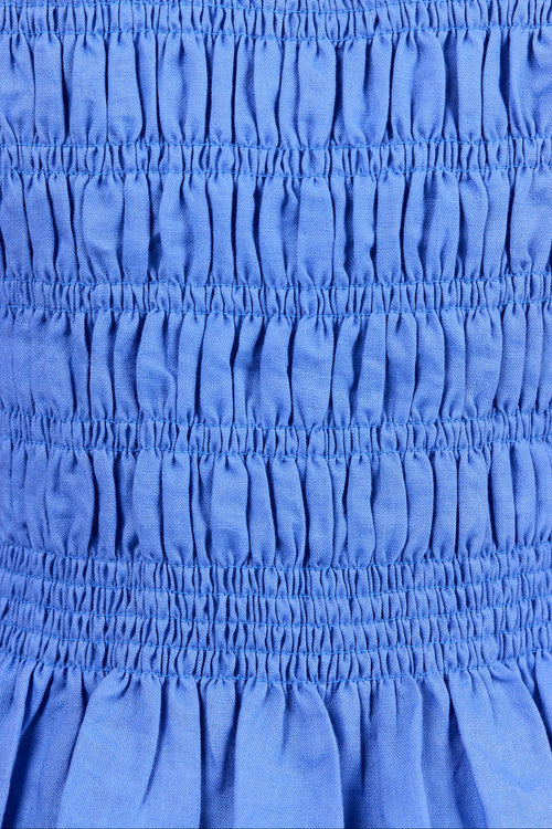 Close-up of a blue smocked fabric garment, showing horizontal gathered seams and a textured, elasticized surface.