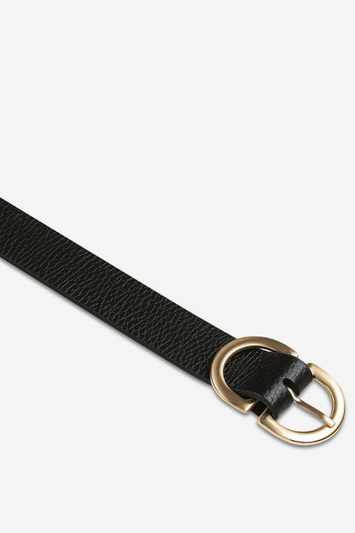 black leather belt with gold buckle