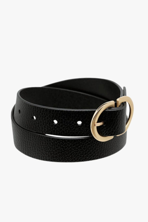black leather belt with gold buckle