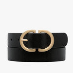black leather belt with gold buckle