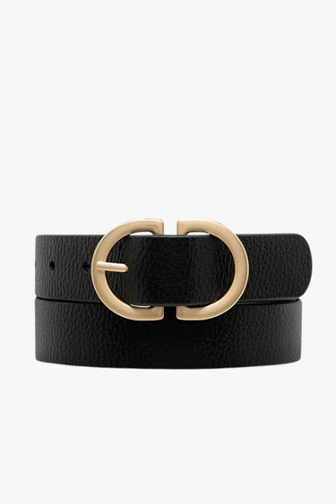 black leather belt with gold buckle