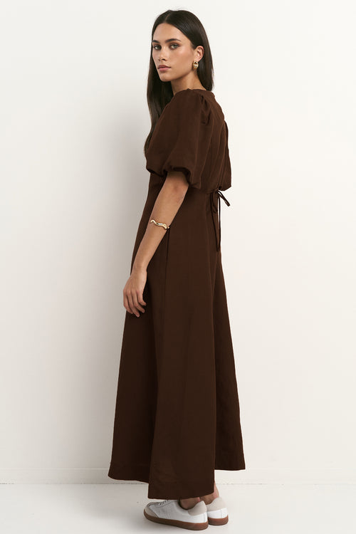 Shop Indulgent Chocolate Puff Sleeve Relaxed Midi Dress | Flo & Franki Shop Indulgent Chocolate Puff Sleeve Relaxed Midi Dress | Flo & Franki