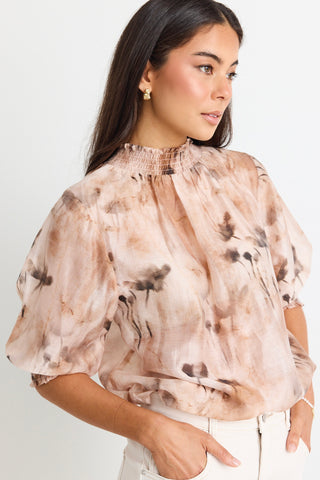 Influential Chocolate Faded Floral Shirred Neck SS Top