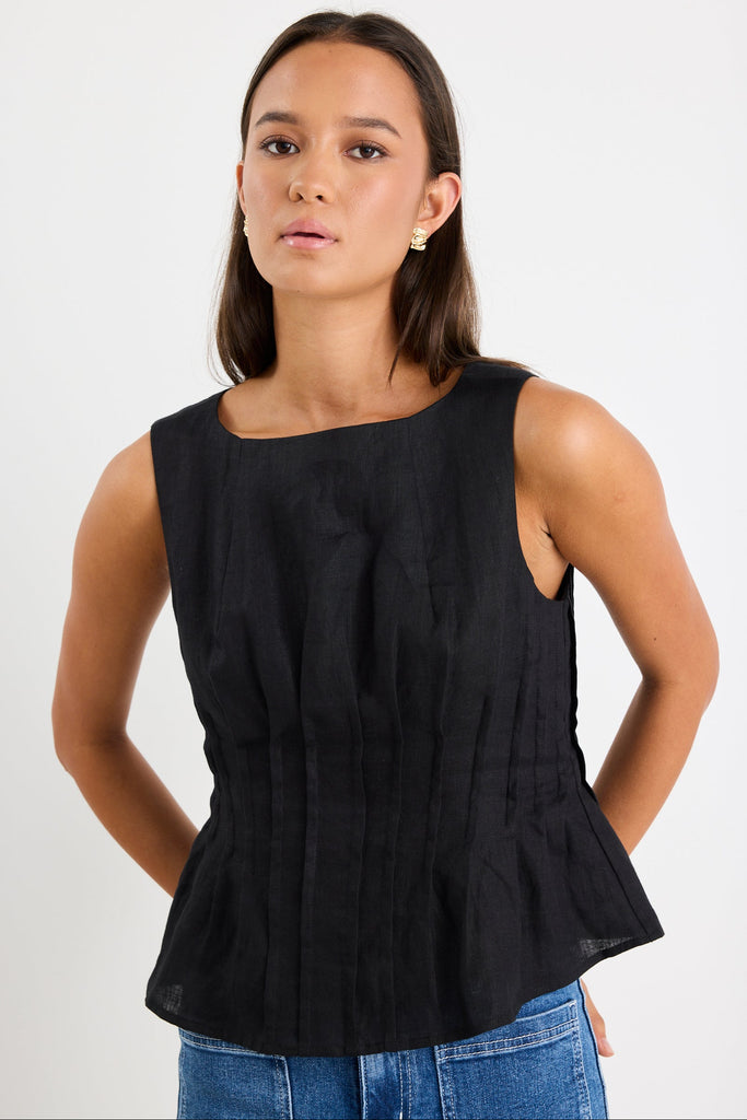Inspiration Black Linen Pintuck Front Bo | Flo & Frankie