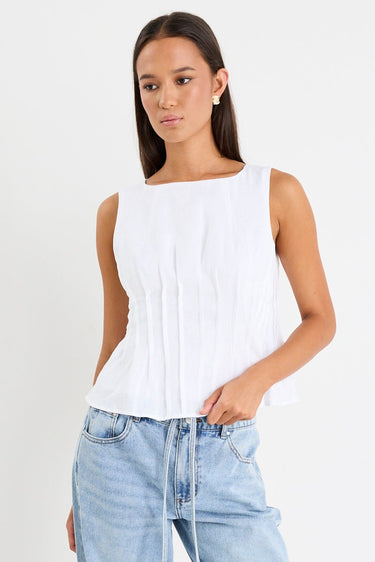 Inspiration Ivory Linen Pintuck Front Boatneck Top