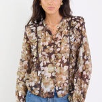 Integrity Brown Beige Floral Frill Detail Long Sleeve Top