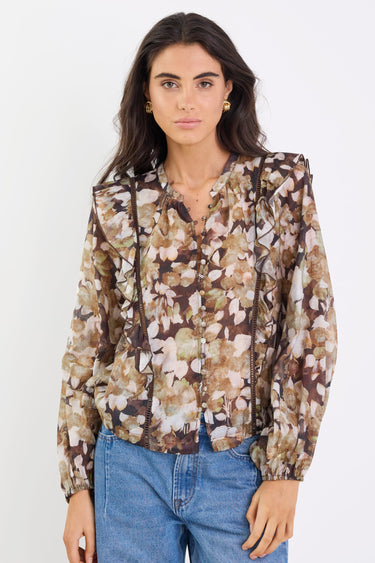 Integrity Brown Beige Floral Frill Detail Long Sleeve Top