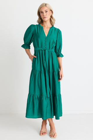 Irresistible Pine SS Button Front Tiered Maxi Dress