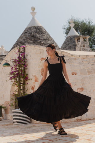 model wears a black strappy maxi dress