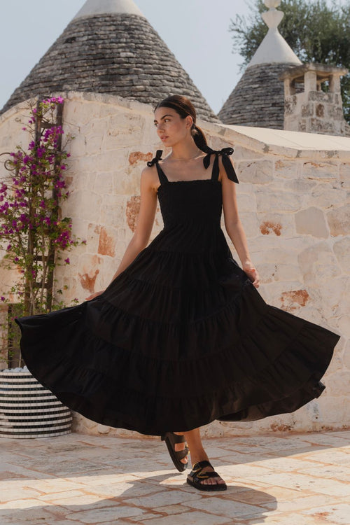Shop Isabella Black Cotton Poplin Strappy Tiered Maxi Dress | Flo & Fr Shop Isabella Black Cotton Poplin Strappy Tiered Maxi Dress | Flo & Fr