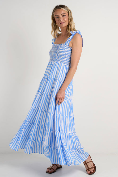 model wears a blue stripe maxi dress