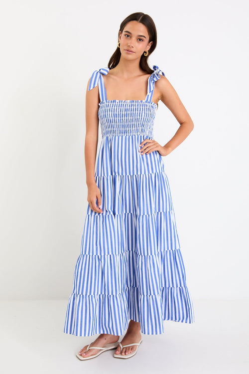 blue and white striped maxi dress