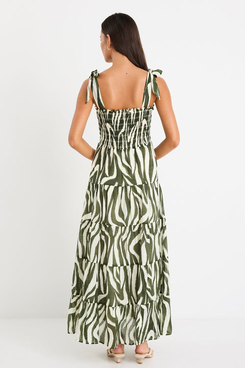 Shop Isabella Khaki Zebra Strappy Tiered Maxi Dress | Flo & Frankie Shop Isabella Khaki Zebra Strappy Tiered Maxi Dress | Flo & Frankie