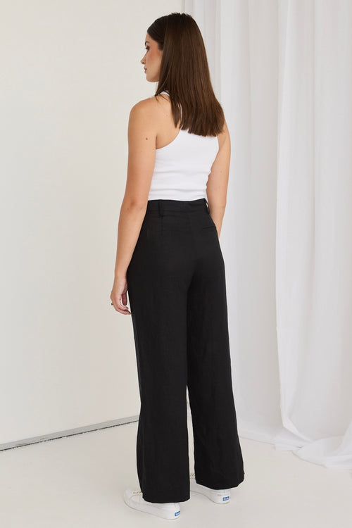 model wears black pants with white tee