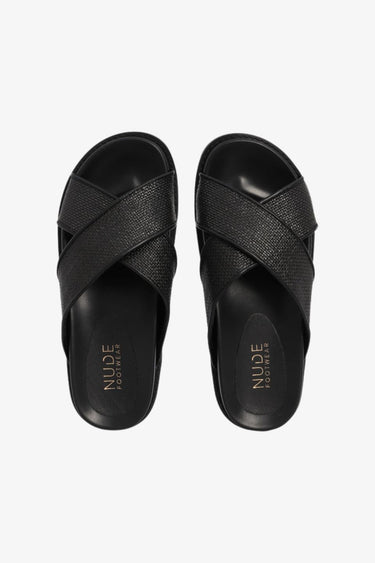 Jacee Black Woven Cross Over Slide ACC Shoes - Slides, Sandals Nude   