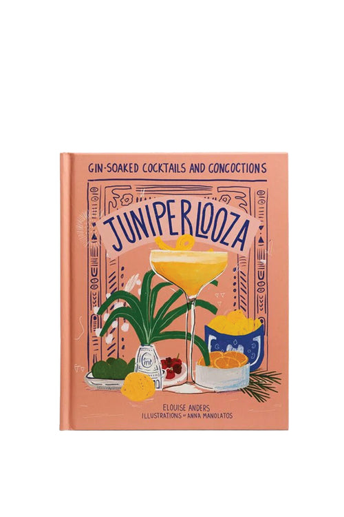 Book titled 'Juniperiooza' with cocktail illustration on a white background