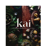 Book cover of 'kai' with food images on a white background