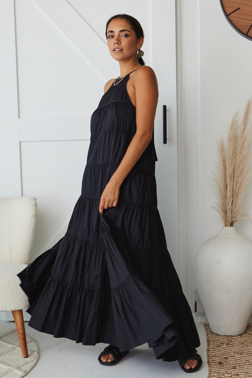 Kaye Black Cotton Sleeveless High Neck Tiered Maxi Dress WW Dress By Rosa.   