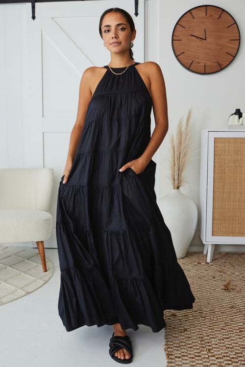 Kaye Black Cotton Sleeveless High Neck Tiered Maxi Dress WW Dress By Rosa.   