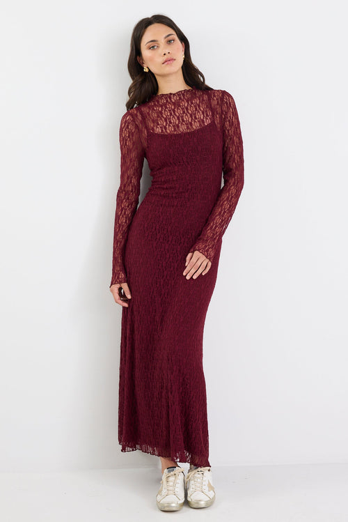 Shop Keepsake Burgundy Lace Long Sleeve Maxi Dress | Flo & Frankie Shop Keepsake Burgundy Lace Long Sleeve Maxi Dress | Flo & Frankie