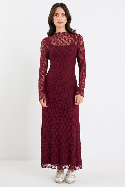 princess polly baby blue dress Gioconda Burgundy Halterneck Lace Panel Maxi Dress main image 1