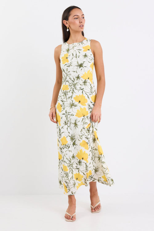 woman wearing buttercup floral dress