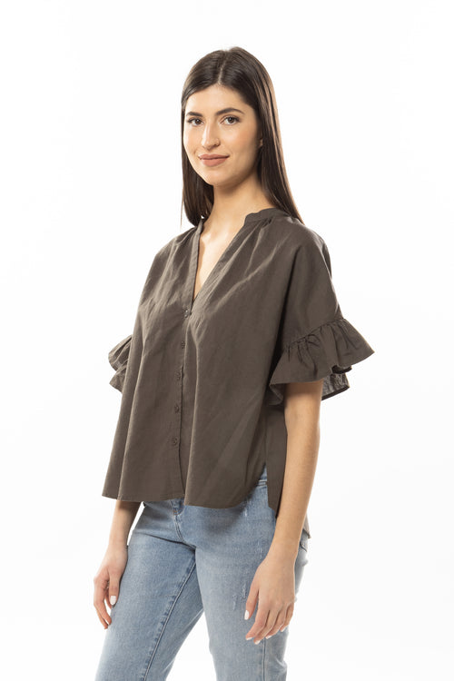 Riverstone Olive Linen Ruffle Sleeve Shirt WW Top Leila + Luca   