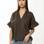 Riverstone Olive Linen Ruffle Sleeve Shirt WW Top Leila + Luca   