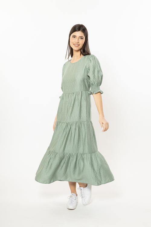 Mia Sage Texture Blouson Sleeve Tiered Maxi Dress WW Dress Leila + Luca   