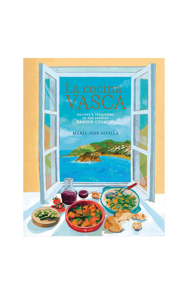 Book cover of 'La cocina Vasca' with an open window view and Basque cuisine images.