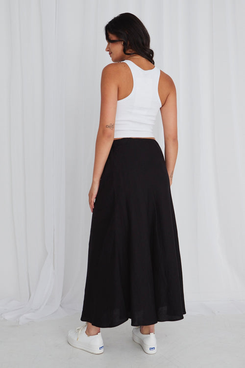 Shop Lagos Black Linen Floaty Bias Cut Maxi Skirt Online | Flo & F