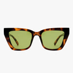 Dark tortoiseshell cat-eye sunglasses with angular frames and moss green lenses