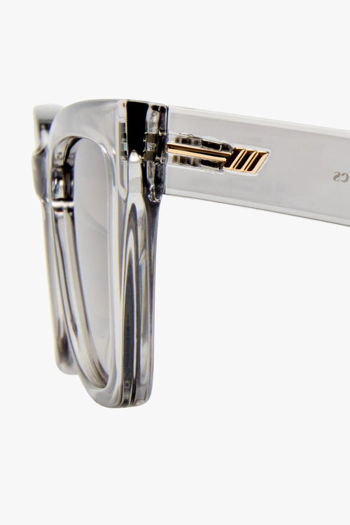 Transparent square cat-eye sunglasses with smoke gradient lenses.